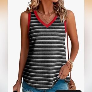 NWT Chic Black and White Striped V-Neck Tank Top with red trim  medium